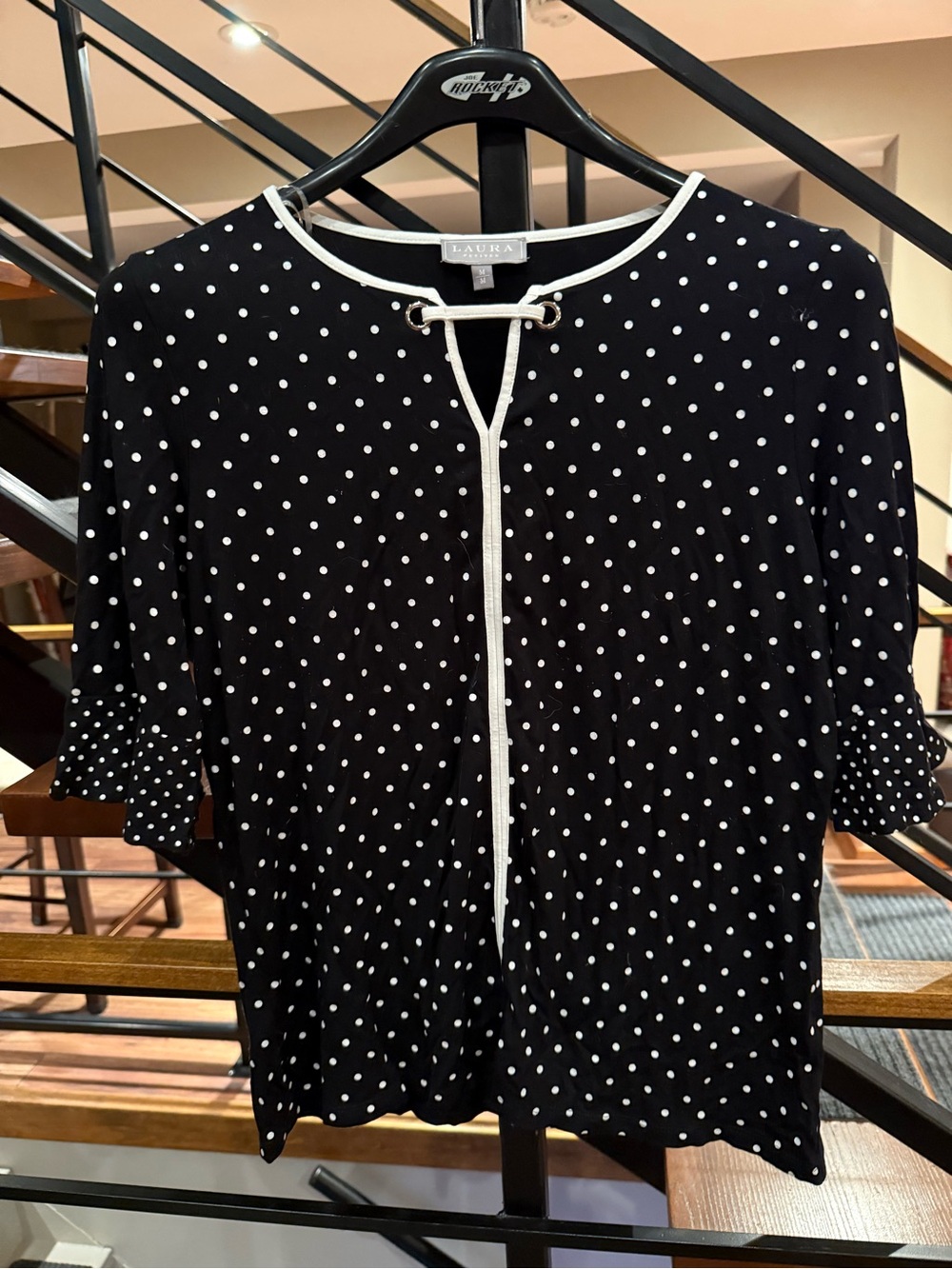 Laura Black and White Polka Dot Tie-Neck Top